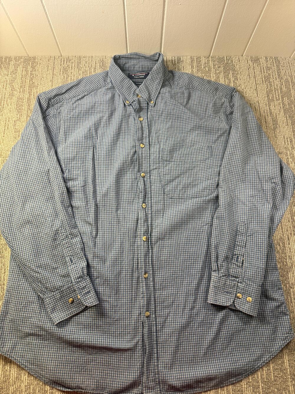 Roundtree & Yorke Shirt Mens XLT Blue Check Long Sleeve Button Down Casual Woven